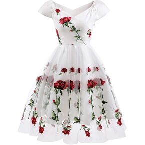 Women Vintage 1950s Embroidered Off Shoulder 3/4 Sleeves Flower Rose Wedding Cocktail Party Swing Gatsby Evening Short Gown