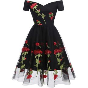 Women Vintage 1950s Embroidered Off Shoulder 3/4 Sleeves Flower Rose Wedding Cocktail Party Swing Gatsby Evening Short Gown