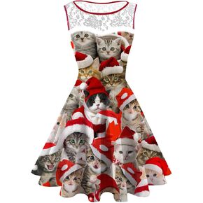 UNIFACO Women's Plus Size Christmas Daily Dresses Sleeveless Round Neck Print Flared Cocktail Party Dress with Lace in Kuwait
