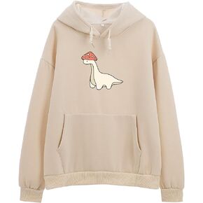 Weetiotio Oversized Cute Mushroom Dino Print Hoodies for Womens Kawaii Cartoon Sweatshirt Teen Girls Cotton Fleece Sweaters