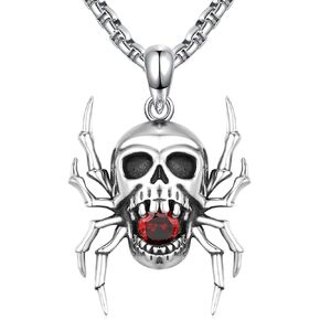 Skull Necklace 925 Sterling Silver Skull Spider Necklace Red Zircon Gothic Jewelry Birthday Party Gift for Men Women