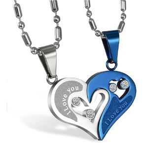 Cupimatch 2-Piece Stainless Steel Couple Necklace Rhinestone I Love You Heart Puzzle Matching Pendant with Chain