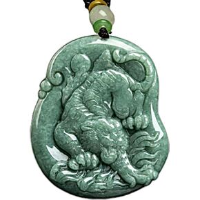 Natural Jade Necklace Pendant Chinese Zodiac Tiger Grade A Untreated Burmese Jadeite Certified Amulet for Men and Women