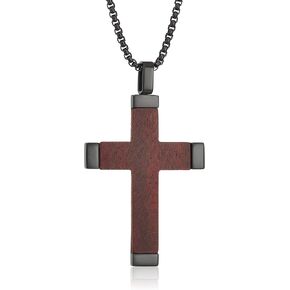 Men's Stainless Steel and Wood Cross Black Ion Plating on 24" Round Box Chain Pendant Necklace in Kuwait