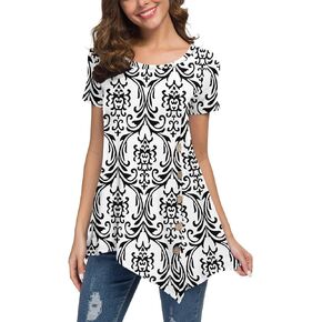 VIISHOW Women's Short Sleeve Scoop Neck Button Side T Shirts Loose Fitting Tunic Solid Color Tops Blouse