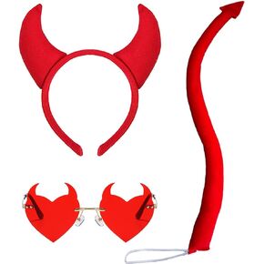 Ausejopeac Demon halloween Devil Costume Set, Devil Horns Headband and Devil Tail and Devil Horns Heart Sunglasses Halloween Devil Demon Cosplay Costume Party