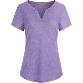 Miusey Women V Neck Short Sleeve Casual Curved Hem Henley Blouse