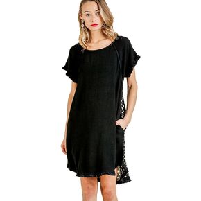 Umgee Womens Linen Blend Short Sleeve Round Neck Animal Print Back Dress