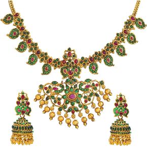 bodha Traditional Indian Antique Gold Plated Temple Jewelry Traditional Long Bridal Jewelry Necklace Set for Women (SJN_37)