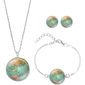 Meiligo Retro Personalized World Map Necklace Bracelet Earring Jewelry globe Signs Circular Tag Pendant Jewelry