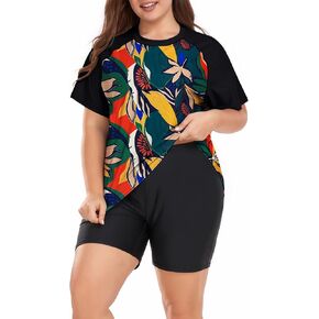 Davena Women's Plus Size 2 Piece Rash Guard Short Sleeve Swimsuit with Boyshorts Swim Shirt UPF 50+