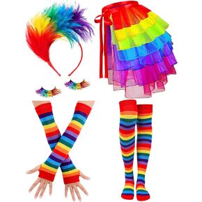5 Pcs Rainbow Costume Set, Mini Tutu Skirt Petticoat Rainbow Striped Knees High Socks Arm Warmer Fingerless Gloves Tinsel Rainbow Eyelashes Feather Fascinator Headbands for Halloween Cosplay Party