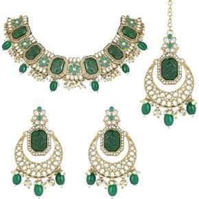 I Jewels 18k Gold Plated Indain Wedding Bollywood Pearl Kundan & Stone Studded Jewellery Necklace Set with Maang Tikka for Women (K7238-1)