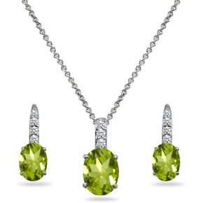 Jewelry Sets for Women, Necklace Earring Sets for Women, Birthstone Jewelry, Genuine Synthetic Gems, Oval Dainty Necklace and Drop Earrings, Pendant Necklace, Huggie Earrings, Sterling Silver Jewelry