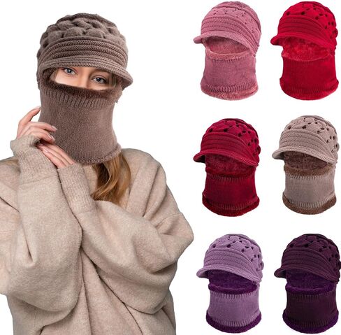 Cutecrop 6 Pcs Winter Warm Soft Ear Protection Knitted Scarf Beanie Hat Fleece Lined Ear Warmers for Women Mask Cap for Women Cold Protection in Kuwait