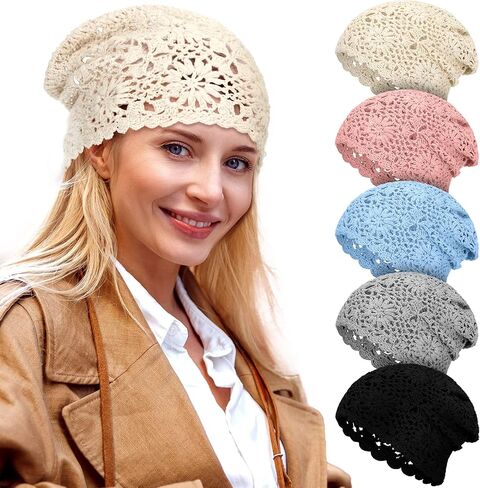 10 Pieces Crochet Slouchy Beanie Hat Handmade Knit Floral Skull Cap Breathable and Lightweight Knitted Cutout Summer Cotton Hat for Women Girls, Black, Beige, Gray, Blue, Pink, M in Saudi Arabia
