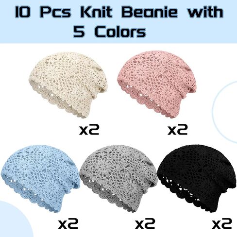 10 Pieces Crochet Slouchy Beanie Hat Handmade Knit Floral Skull Cap Breathable and Lightweight Knitted Cutout Summer Cotton Hat for Women Girls, Black, Beige, Gray, Blue, Pink, M in Saudi Arabia