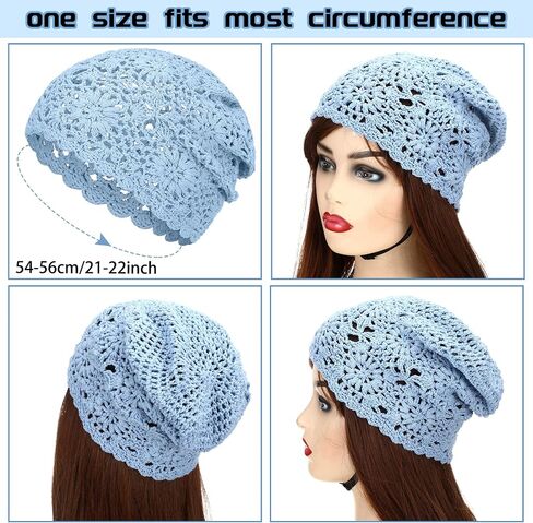 10 Pieces Crochet Slouchy Beanie Hat Handmade Knit Floral Skull Cap Breathable and Lightweight Knitted Cutout Summer Cotton Hat for Women Girls, Black, Beige, Gray, Blue, Pink, M in Saudi Arabia