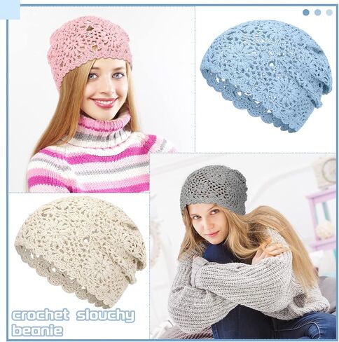 10 Pieces Crochet Slouchy Beanie Hat Handmade Knit Floral Skull Cap Breathable and Lightweight Knitted Cutout Summer Cotton Hat for Women Girls, Black, Beige, Gray, Blue, Pink, M in Saudi Arabia