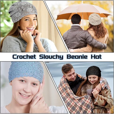 10 Pieces Crochet Slouchy Beanie Hat Handmade Knit Floral Skull Cap Breathable and Lightweight Knitted Cutout Summer Cotton Hat for Women Girls, Black, Beige, Gray, Blue, Pink, M in Saudi Arabia