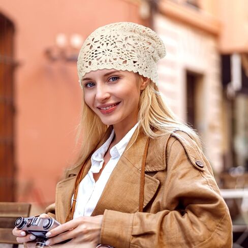 10 Pieces Crochet Slouchy Beanie Hat Handmade Knit Floral Skull Cap Breathable and Lightweight Knitted Cutout Summer Cotton Hat for Women Girls, Black, Beige, Gray, Blue, Pink, M in Saudi Arabia