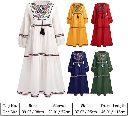 Women Mexican Dress Floral Embroidered Peasant Traditional Ethnic Wear Long Sleeves Beach Holiday Cocktail Party Gowns in Saudi Arabia