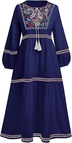 Women Mexican Dress Floral Embroidered Peasant Traditional Ethnic Wear Long Sleeves Beach Holiday Cocktail Party Gowns in Saudi Arabia