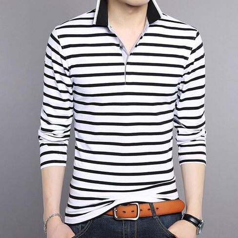 Men's Striped Polo Shirt Cotton Golf Shirts Business Casual Stand Collar Polo Shirt Simple Basic Top in Saudi Arabia