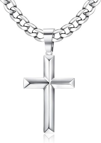 Fansilver 925 Sterling Silver Cross Pendant Necklace Diamond-Cut Cuban Link Chain Necklace Highly Polished Beveled Edge Cross Chain Necklace Silver Cross Necklace for Men Women 18-30 Inches in Saudi Arabia