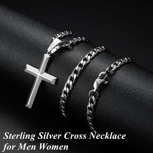 Fansilver 925 Sterling Silver Cross Pendant Necklace Diamond-Cut Cuban Link Chain Necklace Highly Polished Beveled Edge Cross Chain Necklace Silver Cross Necklace for Men Women 18-30 Inches in Saudi Arabia