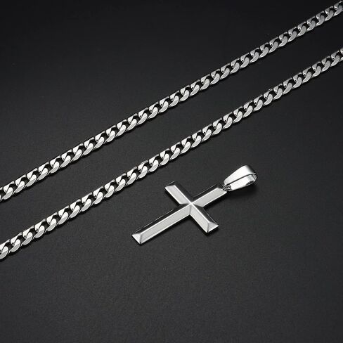 Fansilver 925 Sterling Silver Cross Pendant Necklace Diamond-Cut Cuban Link Chain Necklace Highly Polished Beveled Edge Cross Chain Necklace Silver Cross Necklace for Men Women 18-30 Inches in Saudi Arabia