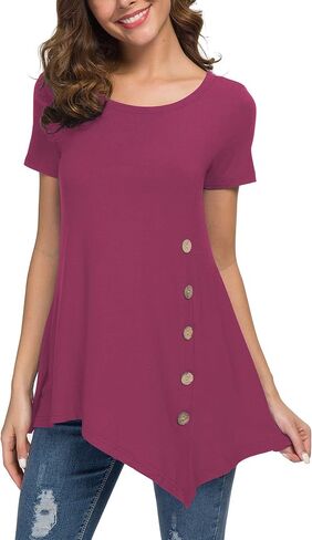 VIISHOW تي شيرت نسائي بأكمام قصيرة ورقبة سكوب وزر جانبي تي شيرت فضفاض مناسب وبلوزة علوية بلون واحد in Kuwait