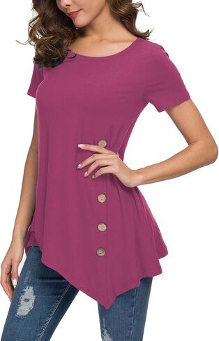 VIISHOW تي شيرت نسائي بأكمام قصيرة ورقبة سكوب وزر جانبي تي شيرت فضفاض مناسب وبلوزة علوية بلون واحد in Kuwait