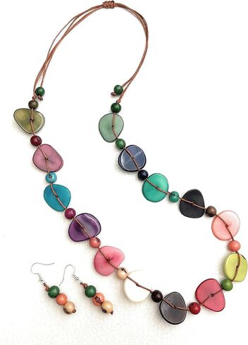 قلادة واقراط تاغوا متعددة الالوان، قلادة شريحة جوز تاغوا، قلادة عاجية نباتية. مجوهرات تاغوا مصنوعة يدويا in Kuwait