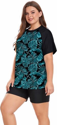 Davena Women's Plus Size 2 Piece Rash Guard Short Sleeve Swimsuit with Boyshorts Swim Shirt UPF 50+ in Kuwait