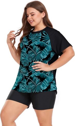 Davena Women's Plus Size 2 Piece Rash Guard Short Sleeve Swimsuit with Boyshorts Swim Shirt UPF 50+ in Kuwait