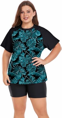 Davena Women's Plus Size 2 Piece Rash Guard Short Sleeve Swimsuit with Boyshorts Swim Shirt UPF 50+ in Kuwait