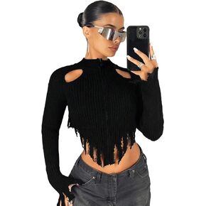 WDIRARA Women's Fringe Trim Cut Out Asymmetrical Hem Mock Neck Long Sleeve Crop Cardigan Top