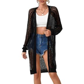 Women Long Crochet Cardigan Lightweight Open Front Casual Long Sleeve Knit Cardigans