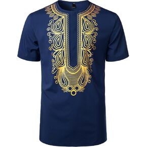 ZEROYAA Men's African Ethnic Hidden Button Short Sleeve Shirt Metallic Gold Printed Dashiki in Kuwait
