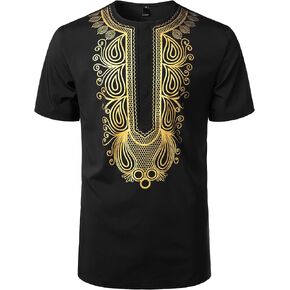 ZEROYAA Men's African Ethnic Hidden Button Short Sleeve Shirt Metallic Gold Printed Dashiki