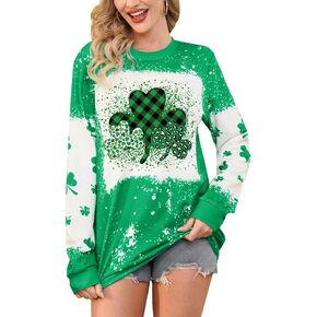 For G and PL Womens St. Patrick's Day Long Sleeve Irish Pullover Leopard Bleached Shirt