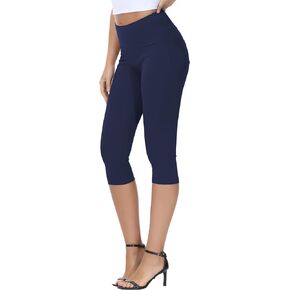 Wjustforu Women's Knee Length Pants Workout Leggings with Pockets high Waisted Yoga Capris for Casuel Summer