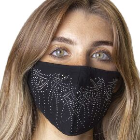 Jessica McClintock Women's 2-Piece Fashionable Cloth Face Mask for Outdoors Dust Sun and Wind - Washable Cotton Facial Cover with High Elasticity Ear Loops - Black/Black (Stones)