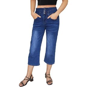 Women's Stylish High Waist Jeans Plain Pattern Stretch Denim Fabric Cropped Pants