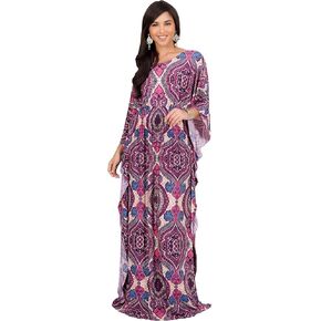 KOH KOH Womens Long Kaftan Boho Print Jersey Flowy Casual Abaya Gown Maxi Dress