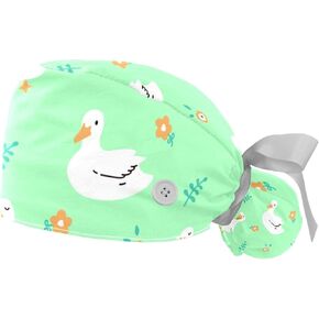 Adjustable Scrub Bouffant Caps, 2 Pcs Flower Leaf Working Hat Hair Cover with Ponytail Pouch, Soft Surgical Nurse Cap