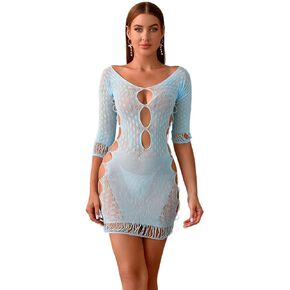 Women's Mesh Cut-Out Bodycon Fishnet See Through Lingerie Club Wear Party Dress Out Fits Sexy Mini Dress