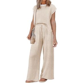 Disamer Womens 2 Piece Outfits Lounge Sets Cap Sleeve Sweater Tops 2024 Summer Tank Tops Casual Pullover Sweater Sets