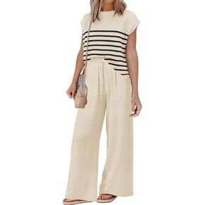 Disamer Womens 2 Piece Outfits Lounge Sets Cap Sleeve Sweater Tops 2024 Summer Tank Tops Casual Pullover Sweater Sets